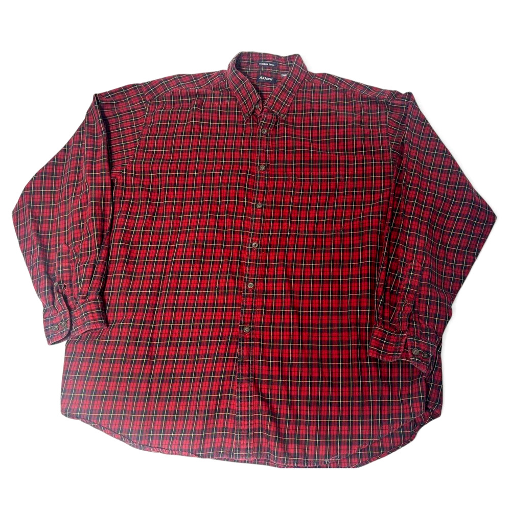 Arrow Button Up Shirt Men XXL Red Black Plaid Chevella Twill Long Sleeve